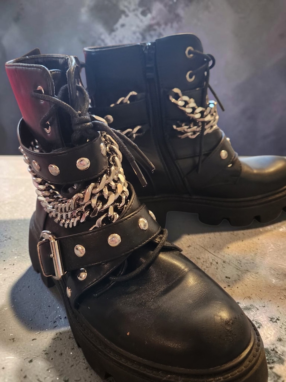 SHEIN Black Chain & Stud Combat Boots